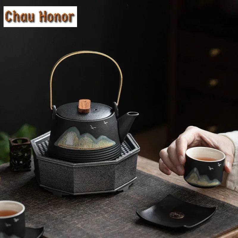 Japanese Balck Coarse Ceramic Teapot Hand Painted Distant Hill Single Pot Tea Maker Teapot Household Kung Fu TeaSet Tea Ceremony