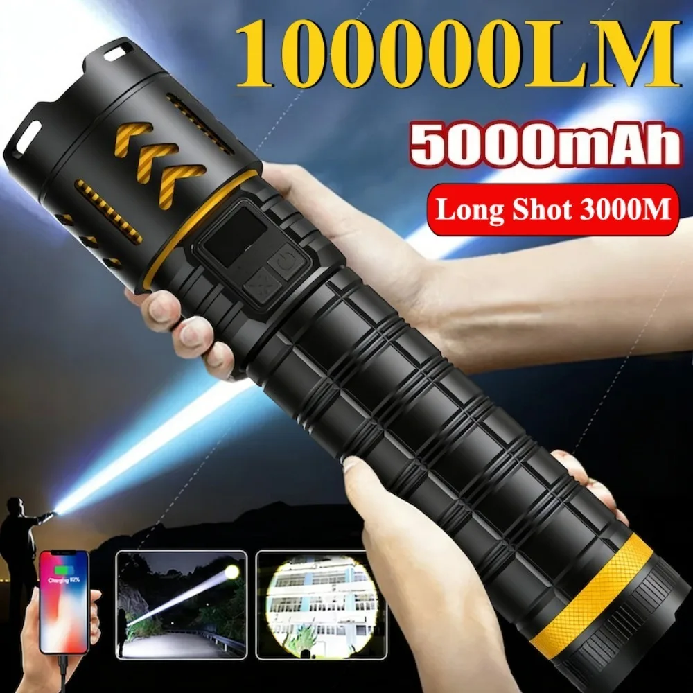High Power LED Flashlight Zoomable Type-C Rechargeable Work Light Long Range Hand Torch For Camping Hiking Fishing Patrol