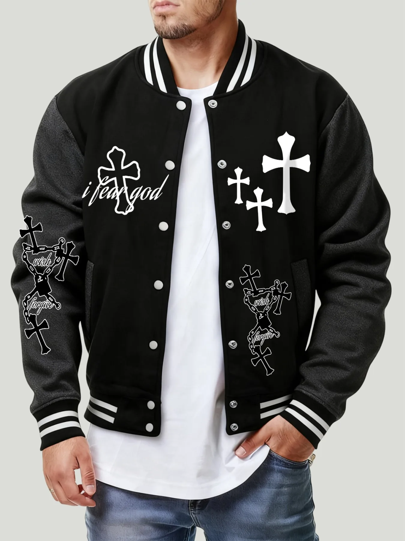 

Бейсбольный трикотаж Cross I Fear God Wish Forgive Pattern, мужские свободные американские куртки в стиле Харадзюку, флисовая мягкая спортивная одежда, осенняя одежда