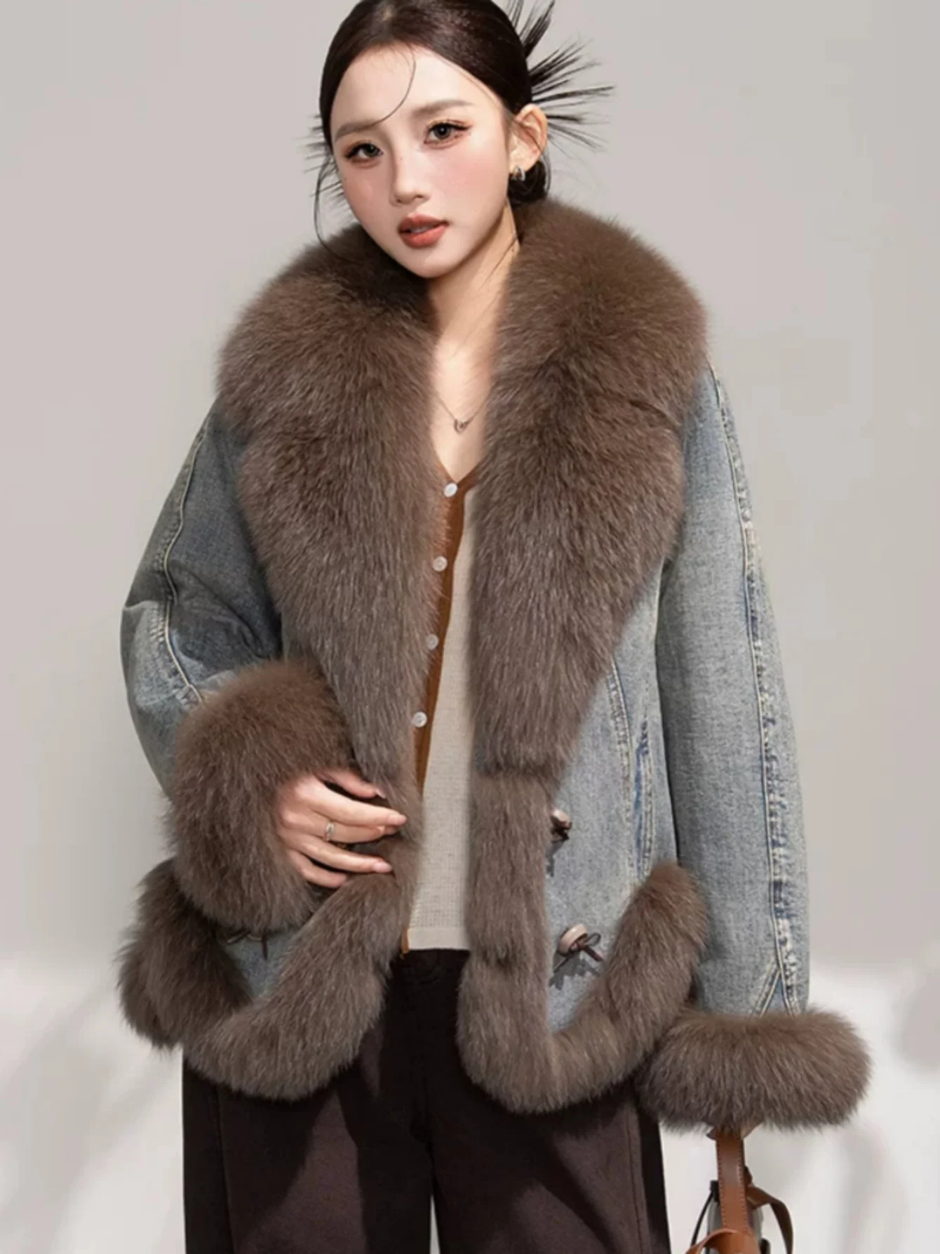 Puffer Jacket Women Fluffy Fox Fur Coat Woman White Goose Down Jackets Denim Parka Womens Winter Coats 2026 Куртка Женская