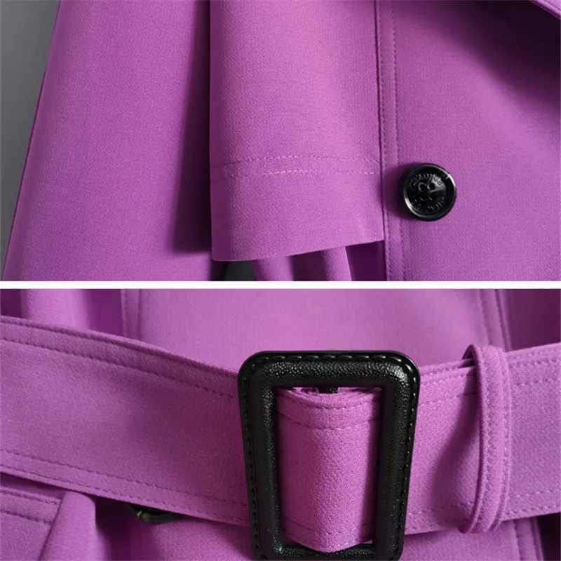 Gabardina rosa púrpura a la moda para mujer, cazadora de manga larga para primavera y otoño, abrigo holgado con doble botonadura y cinturón medio largo para mujer