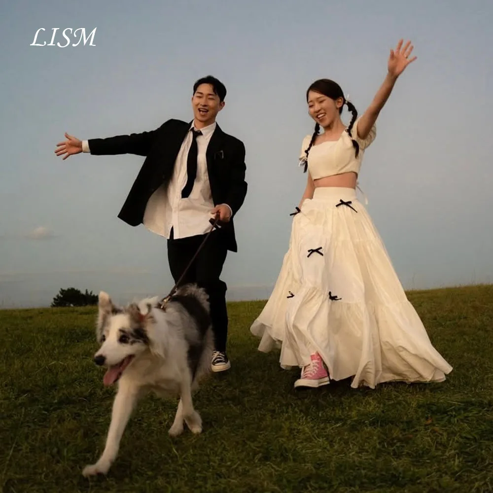 LISM Square Collar Korea Wedding Dresses Short Sleeves Ribbons Sweet Silk Taffeta Two Pcs Bridal Dresses Customized 웨딩드레스