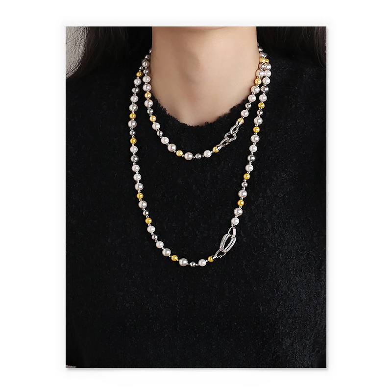 

Personalized style ins design stacked zircon micro-inlaid colored imitation pearl necklace sweater chain women