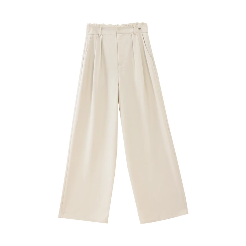 ALXNAN Women's Pants Straight Wide-leg Office Lady Baggy Pants Autumn Light Apricot Lace-paneled Waist Casual Trousers L56771