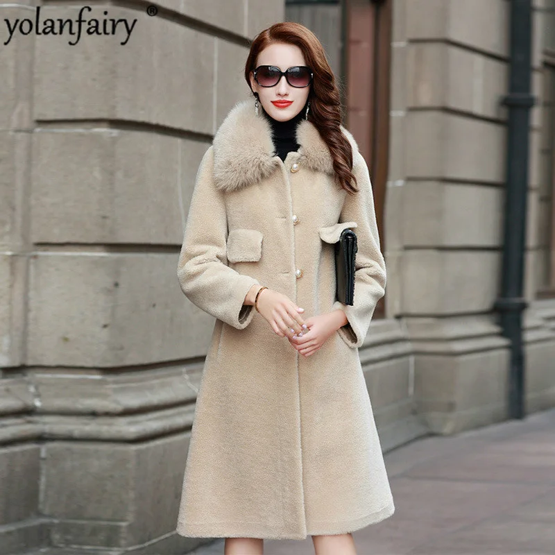 

Clothes Women Winter Real Fur Coat Female Jacket Fox Fur Collar Long Sheep Shearling Wool Jacket Casaco Feminino Inverno 1821 KJ