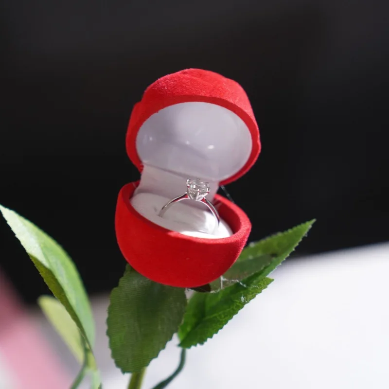 Artificial Rose Ring Box Protective Velvet Jewelry Holder Rose Flower Earring Case Soft-To-The-Touch Flocked Rose Jewelry Box