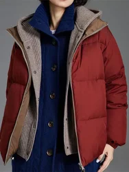 Chaqueta de plumón para mujer, abrigo de manga larga informal cálido con un solo pecho, dos piezas falsas, con cuentas, a la moda, novedad de invierno de 2023