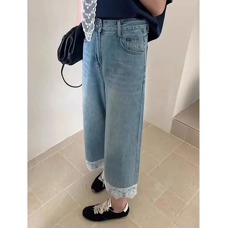 High Waist Lace Patchwork Nine-Tenths Jeans Women Summer plus Size Small Figure Loose Wide Leg Straight Cut Denim Pants