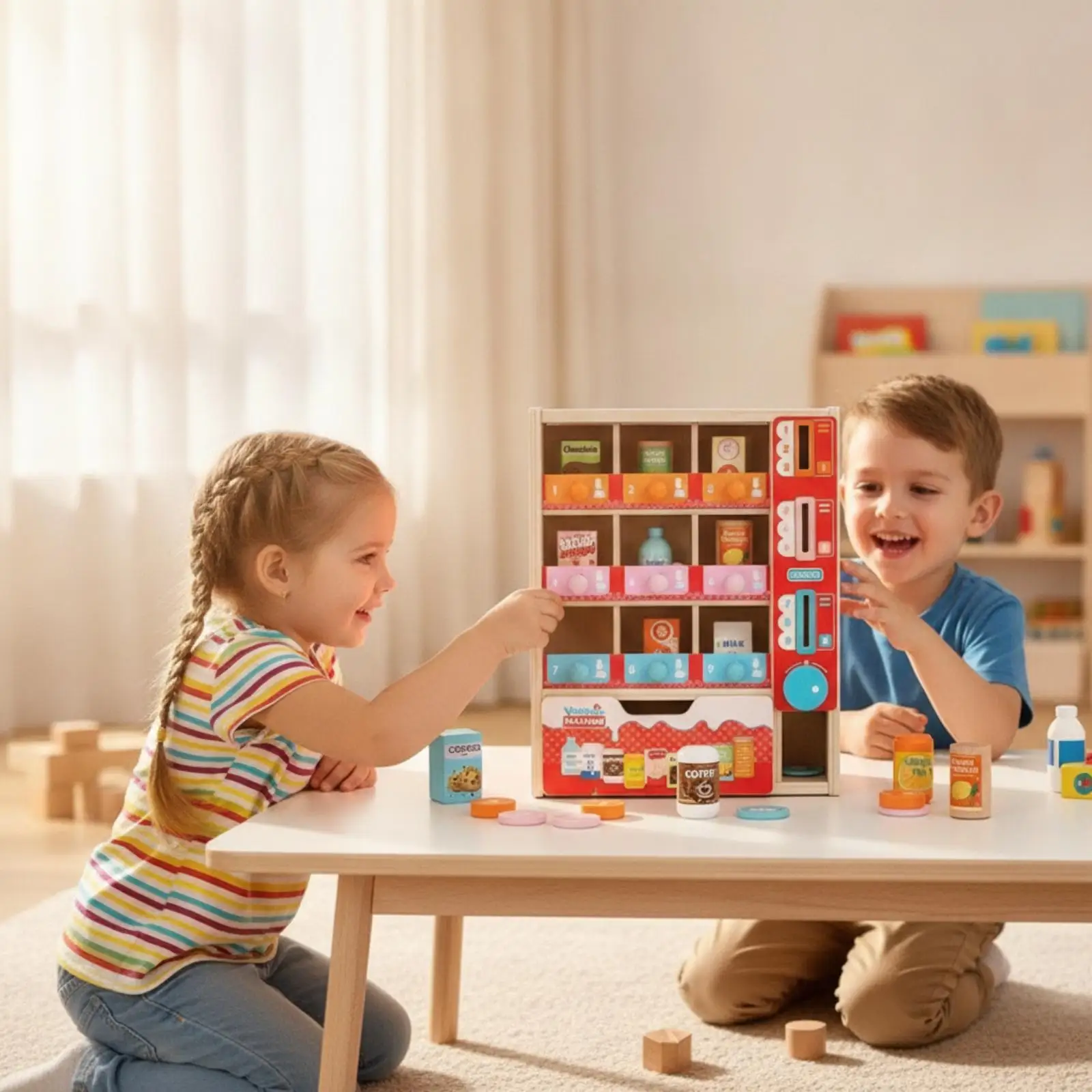 Children Tabletop Wooden Vending Machine Coin Drop Snack and Drink Playset for Classroom Math Practice