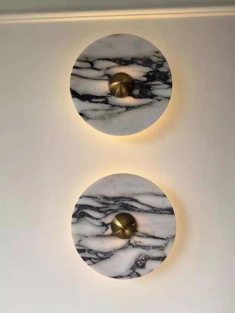 Modern Natural Marble Wall Lamp Golden Round LED Wall Sconce Livingroom TV Bedroom Bedside Corridor Art Room Decor Lights 3000K