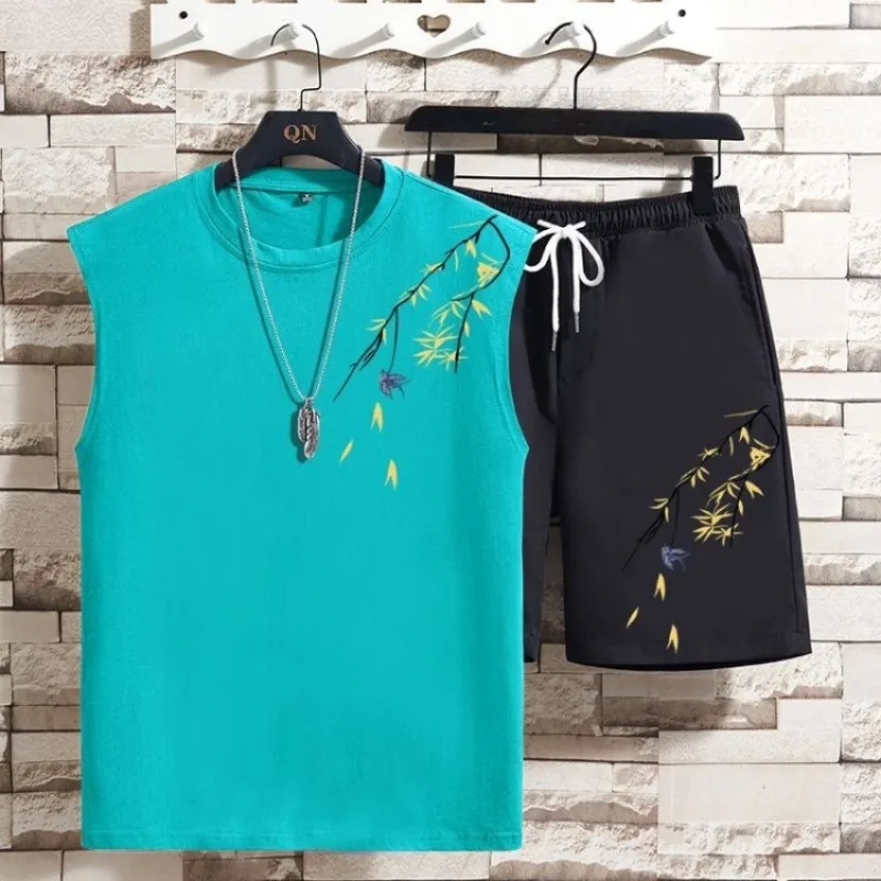 

Men Summer Chinese Style Bamboo Leaf Sleeveless Vest Set Top Outfit National Trend Design