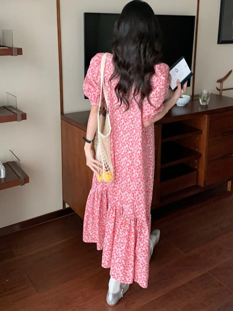 Korean Sle Sweet Summer V-ne Floral Print Loose Splice Blouse Sve Dr Women's Puffy Sve Maxi Dr Lantern Sve