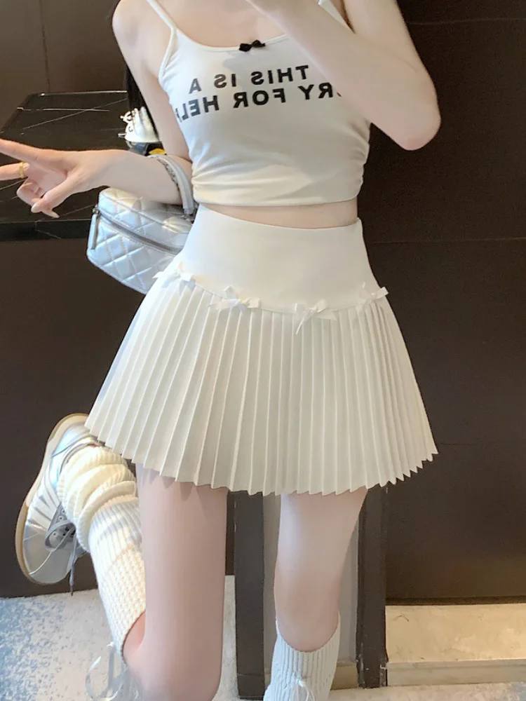 

Mini Skirts Women Vintage Bow High Waist Slim Preppy Style Pleated Skirt Girl Fashion Streetwear Sweet Culottes