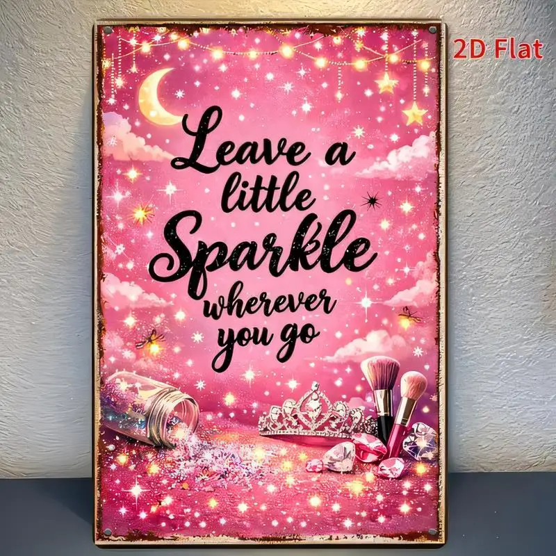 2D Flat Leave a Little Sparkle Vintage Metal Tin Sign - Pink Starry Sky, Tiara & Makeup Brushes Design, Retro Wall Art for Girl'
