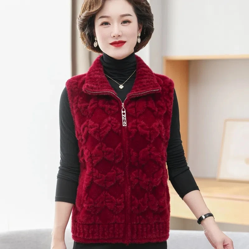 母秋冬ニットベスト厚く暖かいノースリーブジャケット中年女性模造ミンクベルベットジッパーセーターカーディガン
