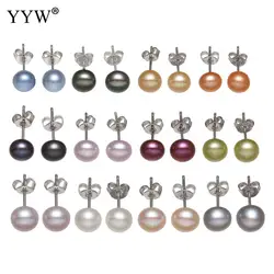 1Pairs Real freshwater pearl stud earrings South Korea's newly designed fashion jewelry simple highlight 7-7.5mm pearl earrings