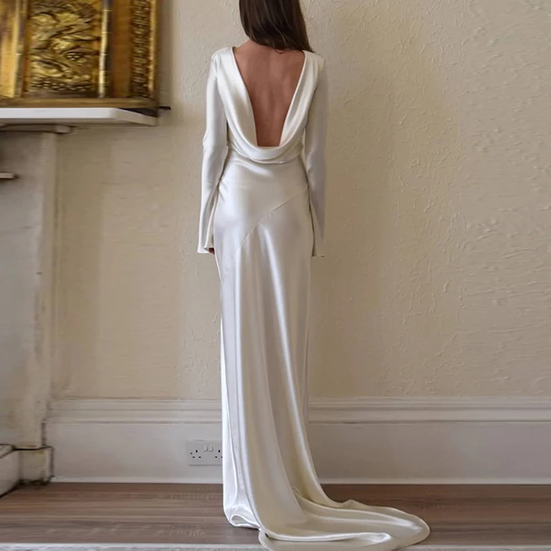 White Satin Long Sleeved Slim Evening Dress Sexy Hollow Out Backless Mermaid Robe Dress New Autumn Women O Neck Fashion Dresses