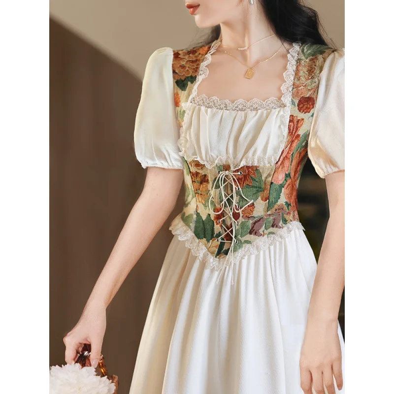 2026 Summer New Internet Hot Women's Clothing French Style Sweet Oil Painting Waist Dress
