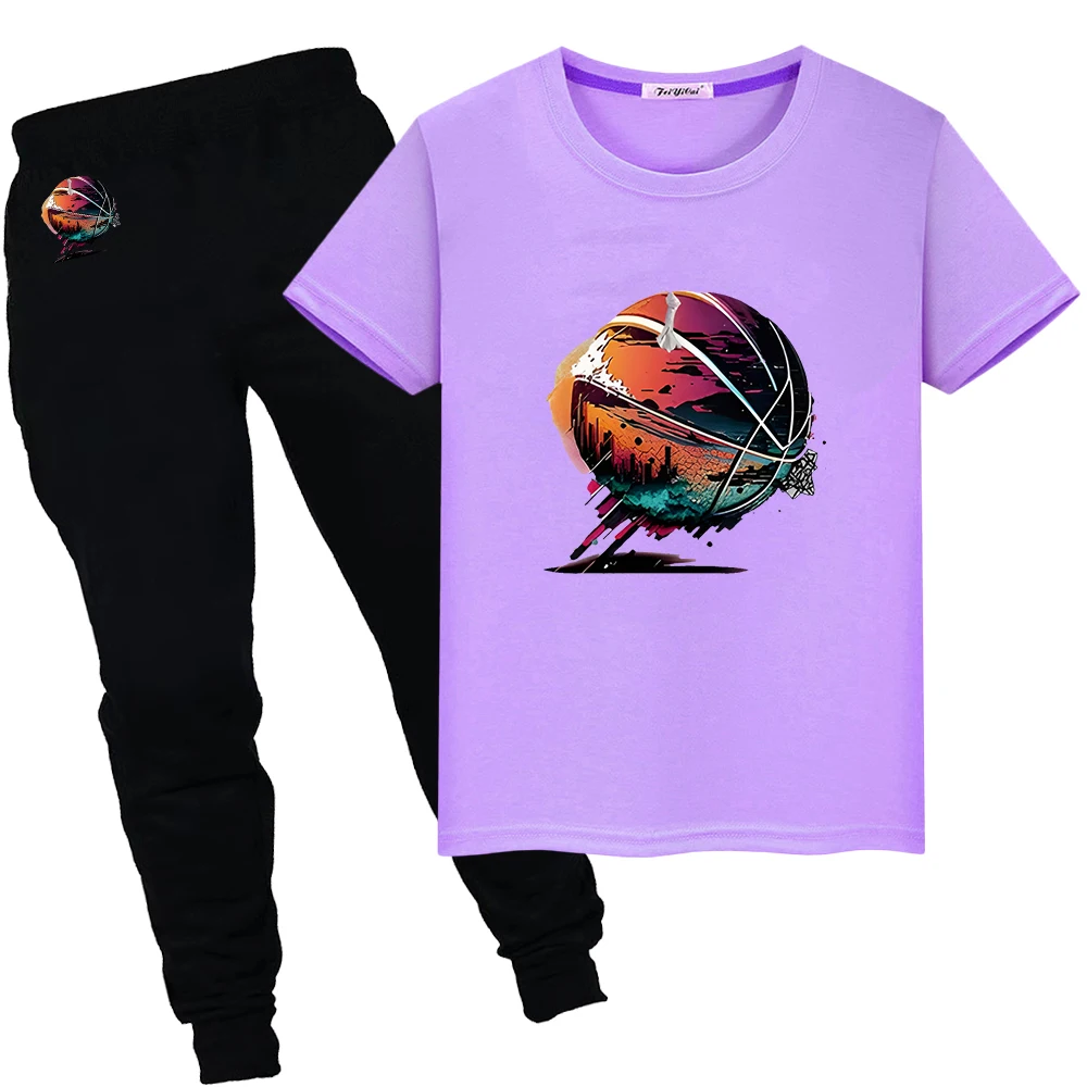 

Basketball Print Summer100%Cotton T-shirts Cute Short Tops+pant Kawaii TShirts y2k Boy girls Sports Sets kids boutique clothes