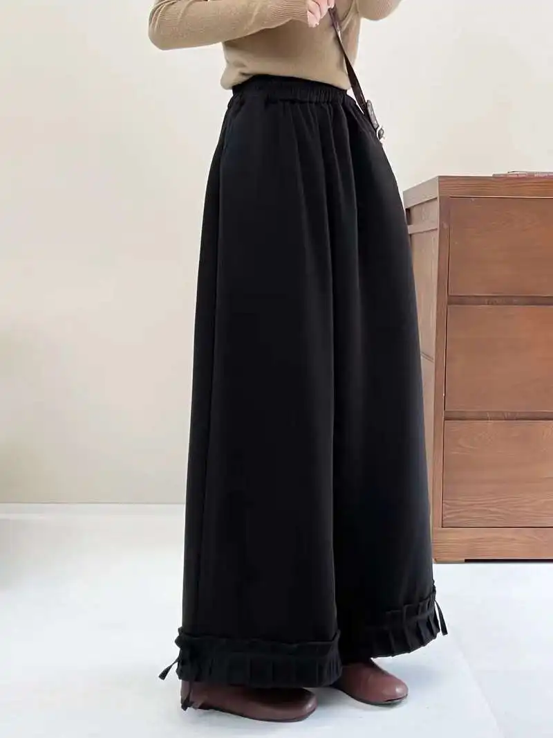 New 2025 Autumn Cotton Thicken Pants, Women Elastic Waist Flods Bow Patchwork, Mori Girl French OL Casual INS Trousers B5N230CC