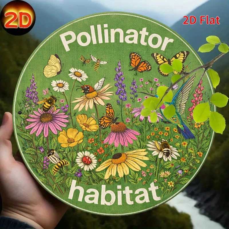 Pollinator Habitat Garden Aluminum Sign, Butterfly Bee Hummingbird Decorative Sign, Outdoor Garden Wall Art, Suitable for Patio