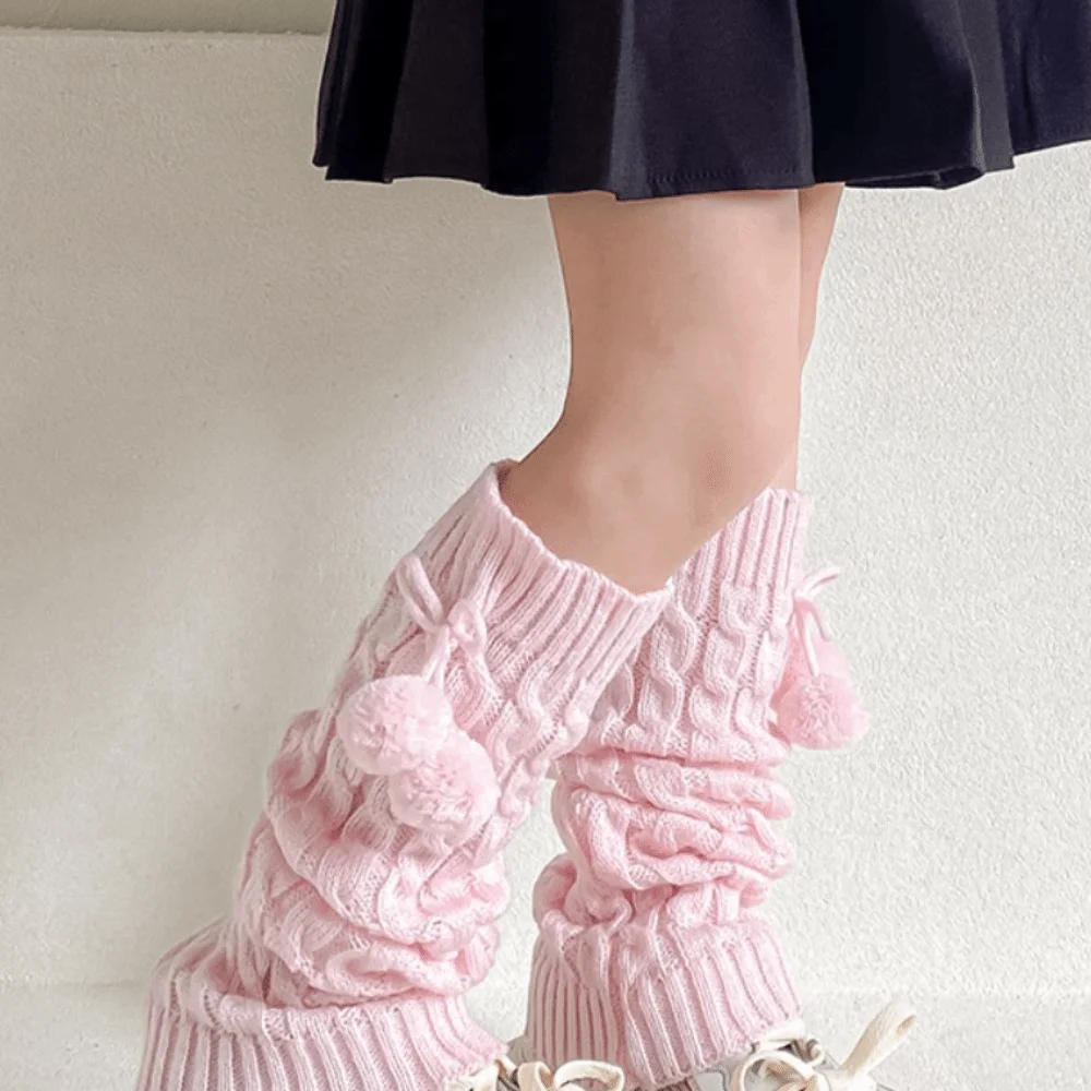 Sweet Korean Style Children's Leg Warmers JK Harajuku Knitted Leg Cover Lolitas Woolen Plush Ball Leg Socks Autumn/Winter