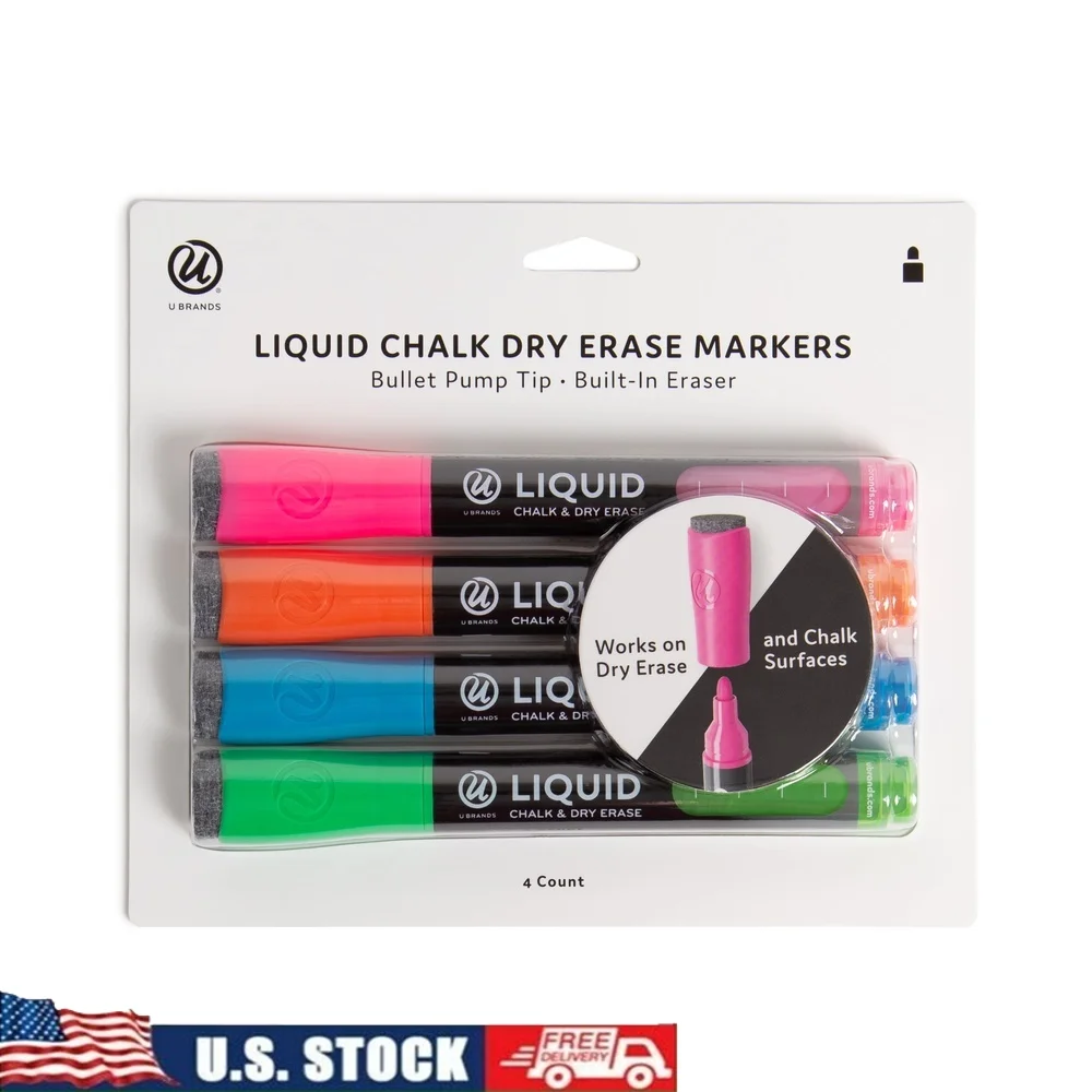 

Liquid Chalk and Dry Erase Markers 3mm Bullet Tip Non-Toxic Low Odor Ink 4 Count Multi-Color Chalkboard Glass Board Writing