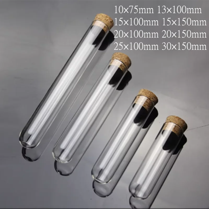 24Pcs/Lot All Size Clear Lab Glass Test Tube with Cork Stoppers Round Bottom Tube Container Laboratory Supplies