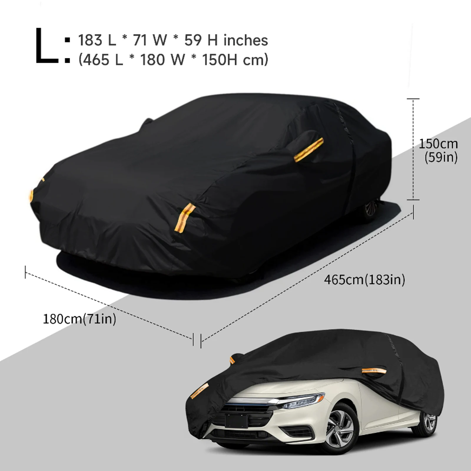 

NEVERLAND Car Cover BLACK Full Exterior Covers 190T Polyester Taffeta Size L (465*180*150CM With Reflective Strips