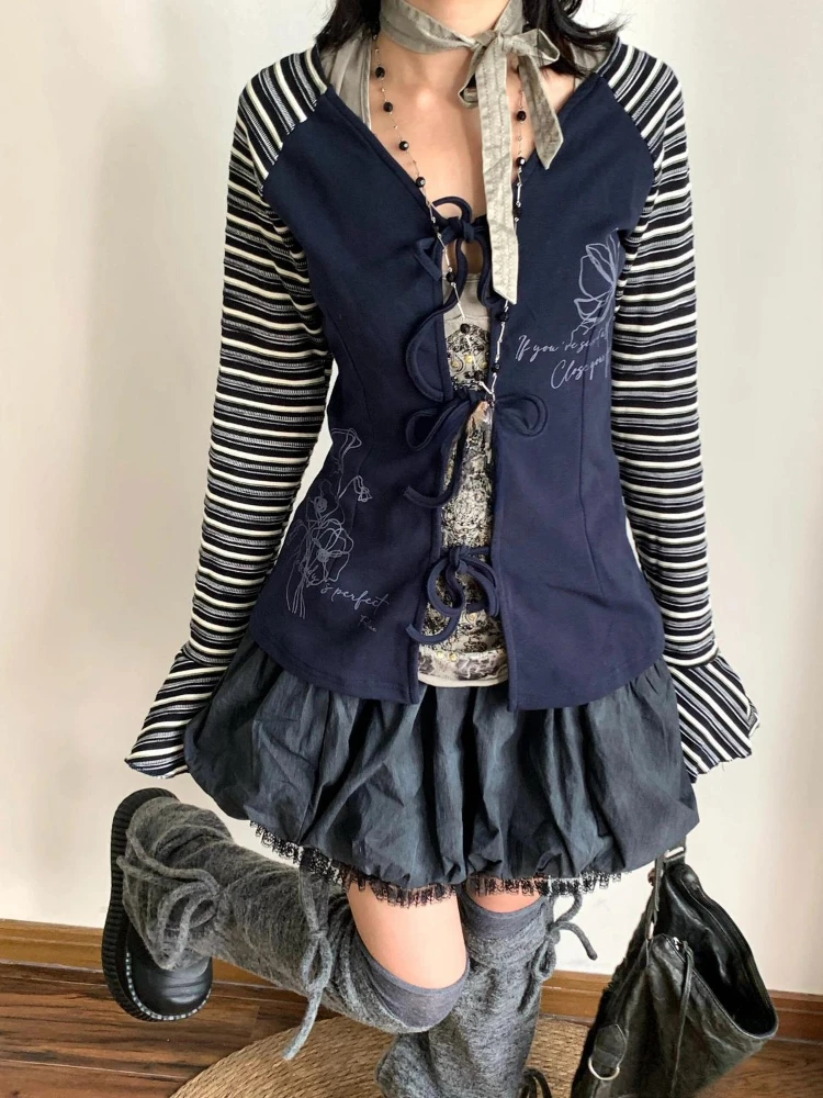 Y2k Aesthetic Stripe Patchwork Jackets Women Harajuku Grunge Bandage Casual Coats Streetwear Slim Vintage Printing Tops Femme