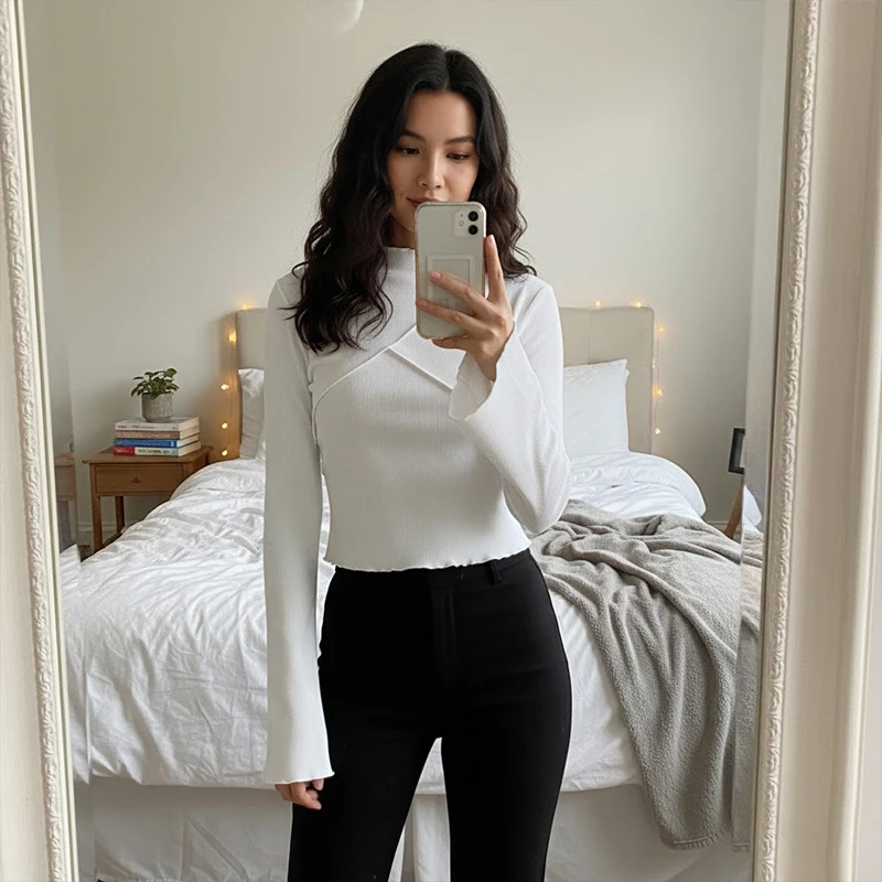 Sexy Thin Crop Tops Long Sleeve Harajuku Knitted Y2k Women Fashion Aesthetics White T-shirt Basic Clothing Casual Flared Sleeves