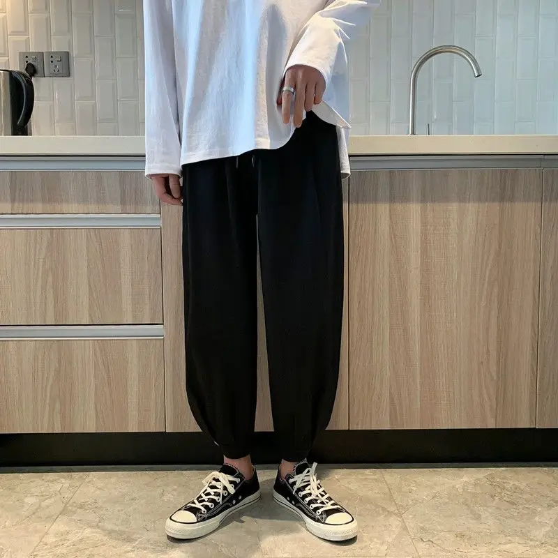 Elegant Fashion Harajuku Slim Fit Ropa Hombre Loose Casual Sport All Match Cropped Pants Solid Pockets Thin Style Ice Silk Pants