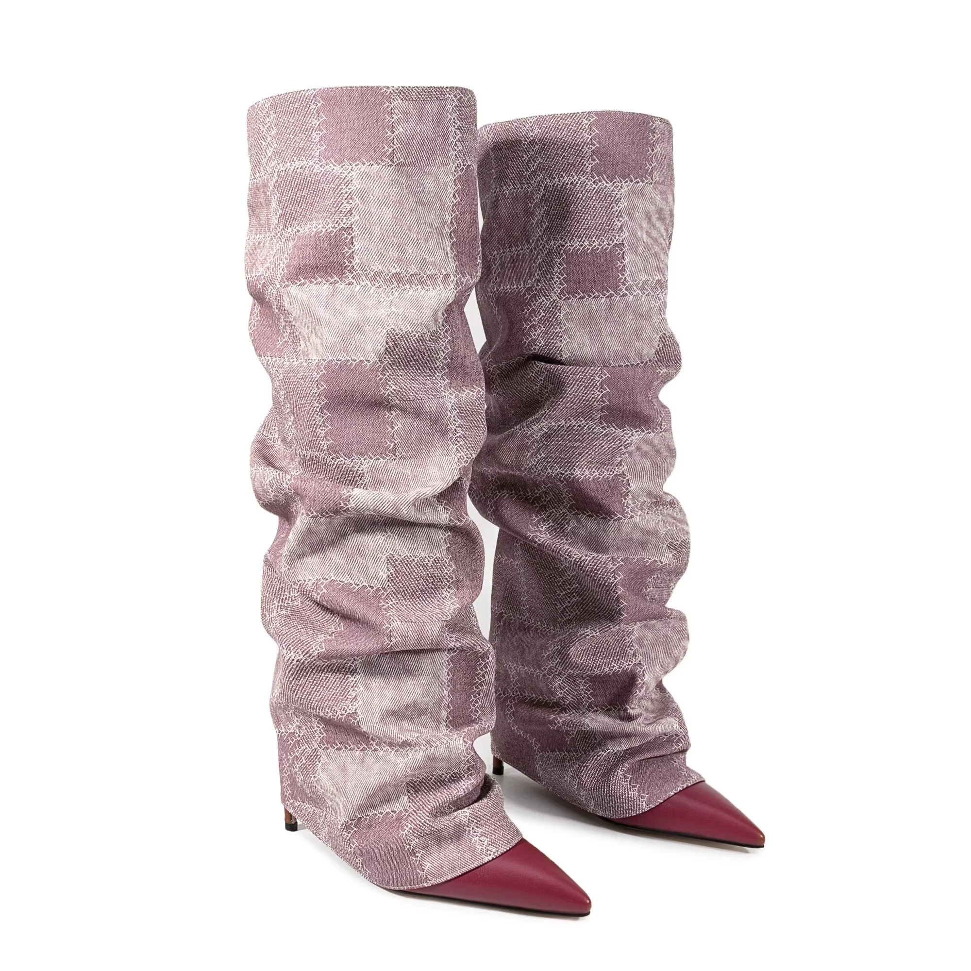 

Plaid Over-The-Knee Boots Pointed Toe Slouchy Silhouette Booties Knee High Shoes Women's Ruched Boots