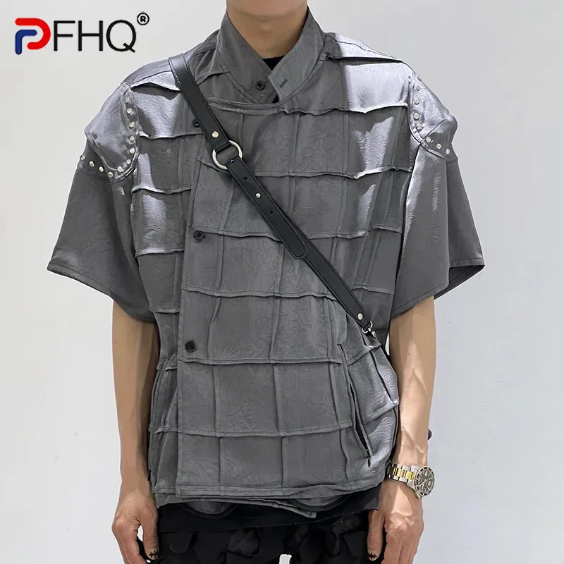 PFHQ Standing Collar Short Sleeve Shirt Male Summer Plaid Creativity Personality Haute Quality Advanced Men's Tops New 21Z4826