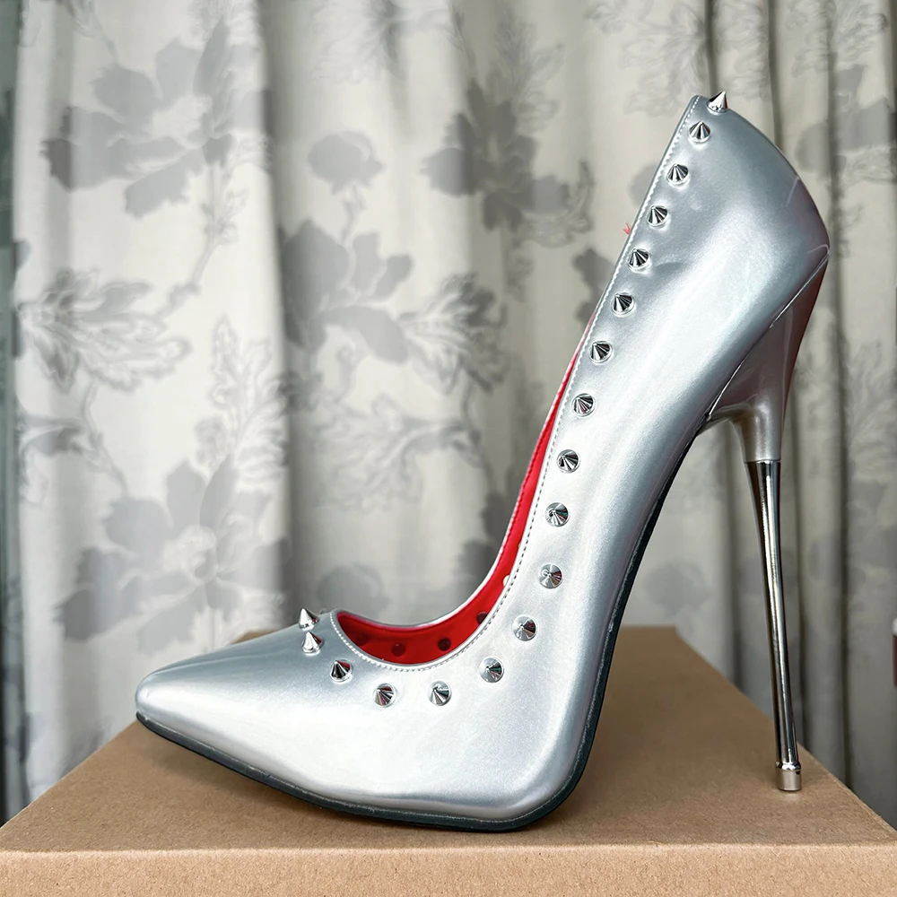 Zapatos de tacón alto de Metal para hombre y mujer, calzado con remaches interiores rojos, Sexy, SM Drag Queen, fetiche, modelo plateado, 16cm, novedad de 2024