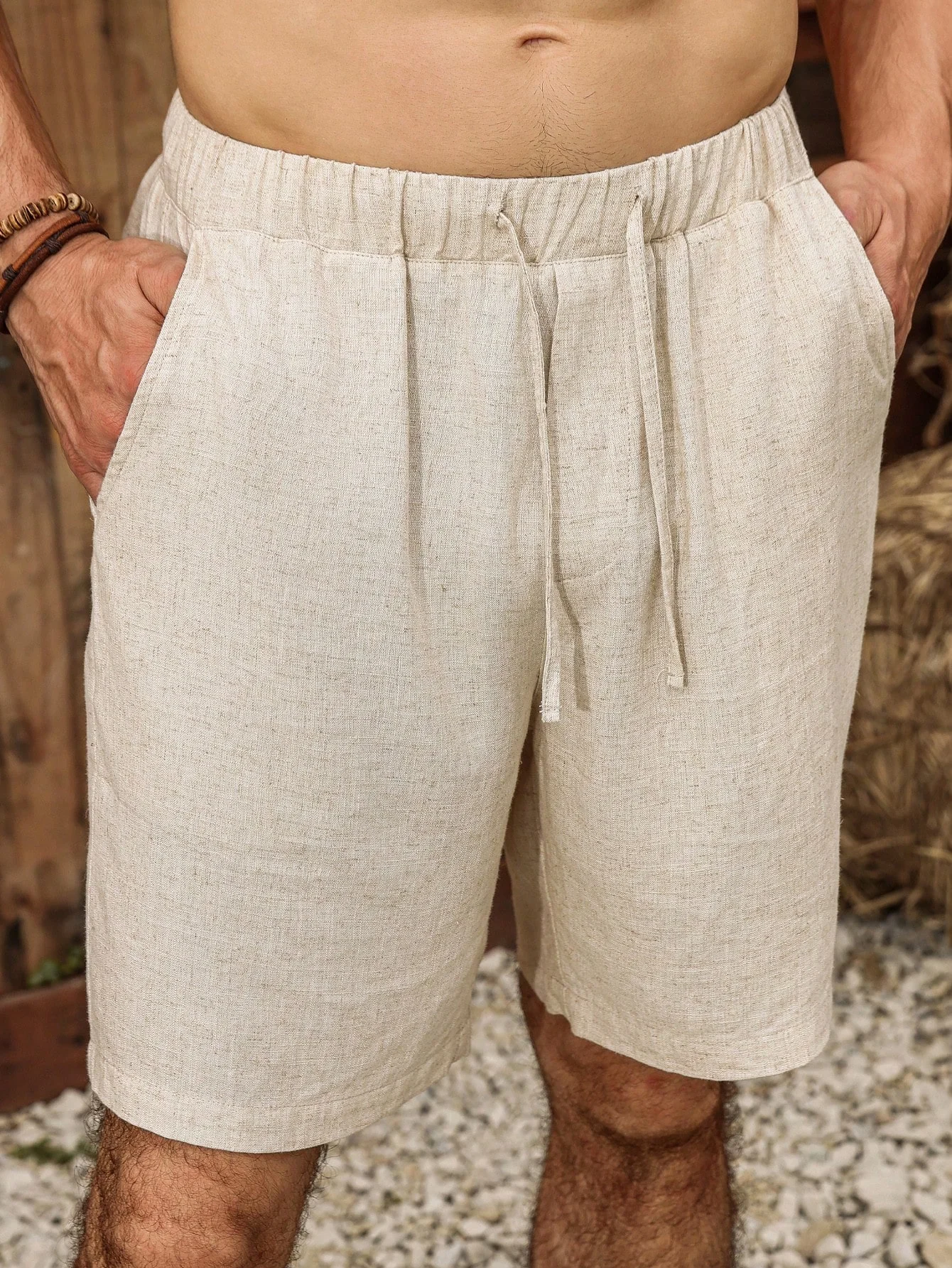 

Men Elastic Waist Drawstring Linen Blend Shorts Casual Loose Knee Length Beach Bermuda Shorts