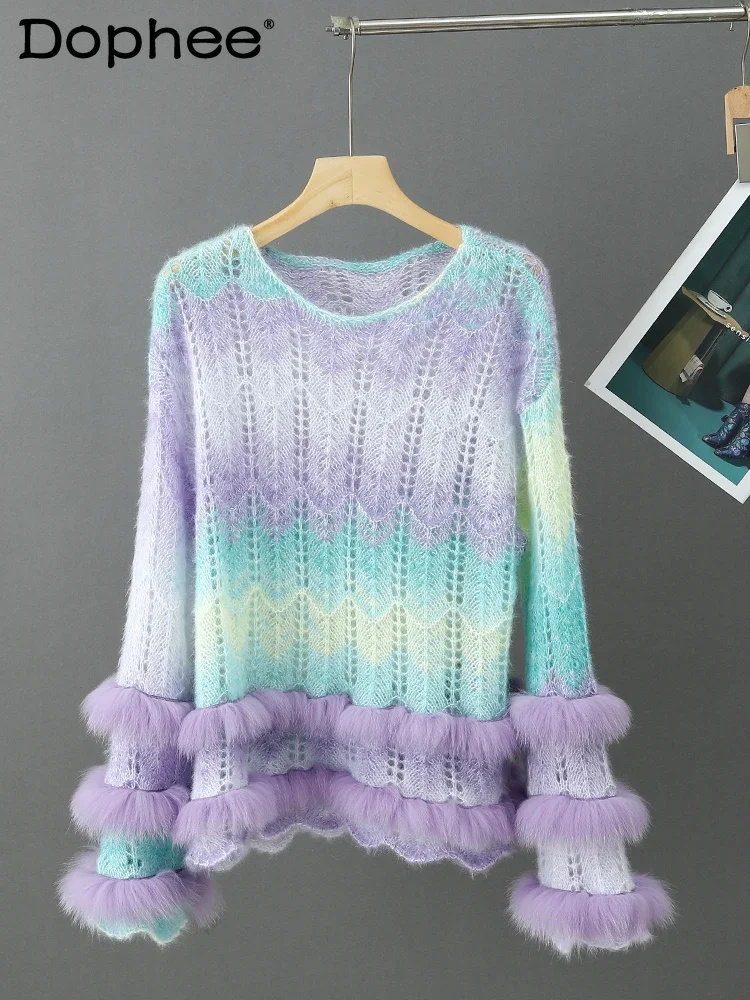 

Fashionable Real Fox Fur Patchwork Round Neck Sweater Female 2023 Autumn Winter Loose Gradient Long Sleeve Sweater for Women