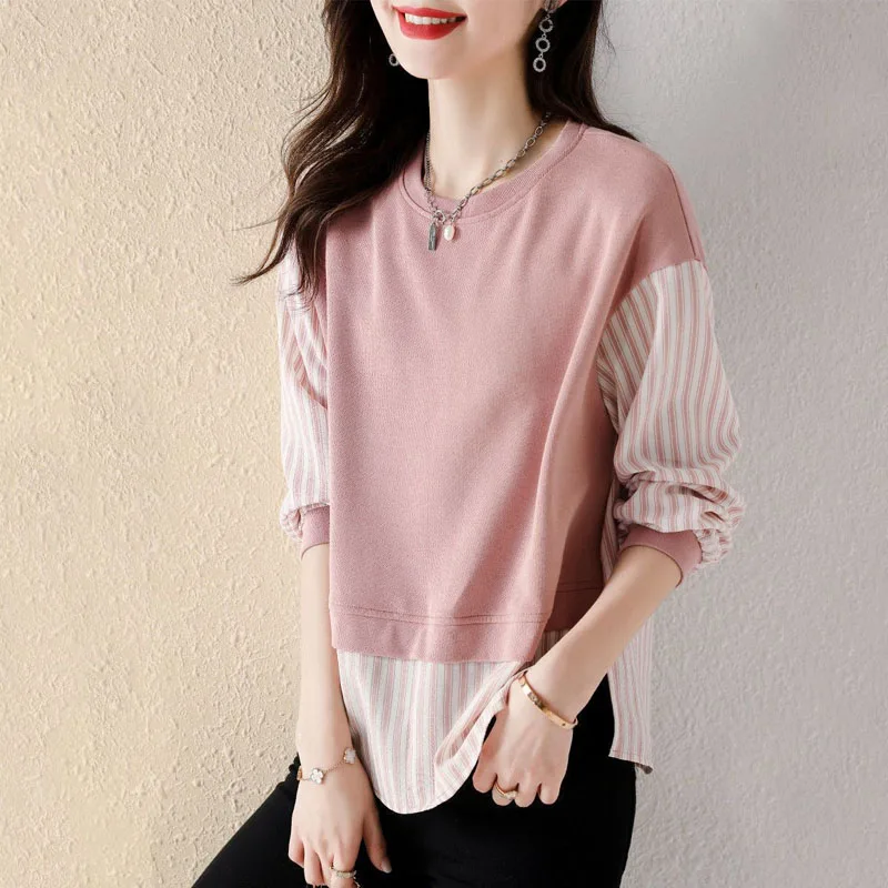 Spring and Autumn Fashion Trend Spliced Stripe Fake Two Piece Round Neck Versatile Loose Relaxed Age Reducing Women's Sweater