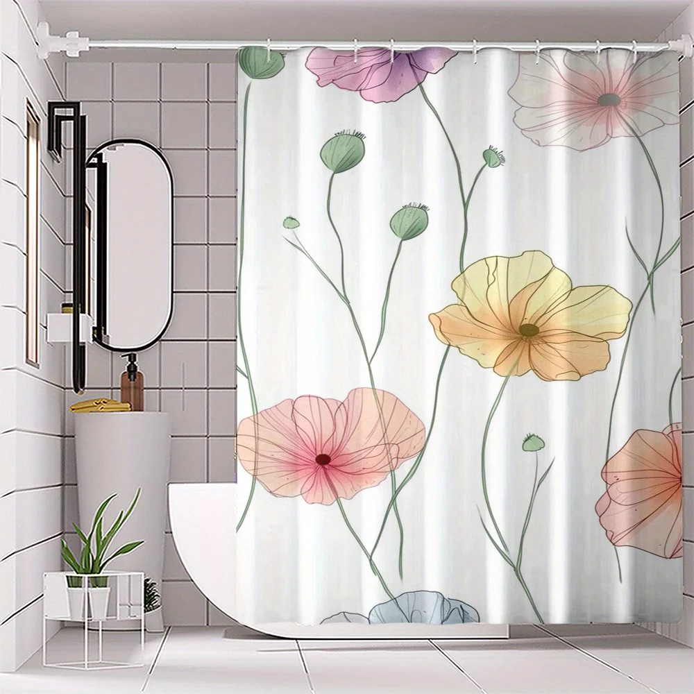 Watercolor Floral Shower Curtain - Soft Pastel Poppy Flowers, Elegant Botanical Print, Waterproof Bathroom Decor, Artistic Bath