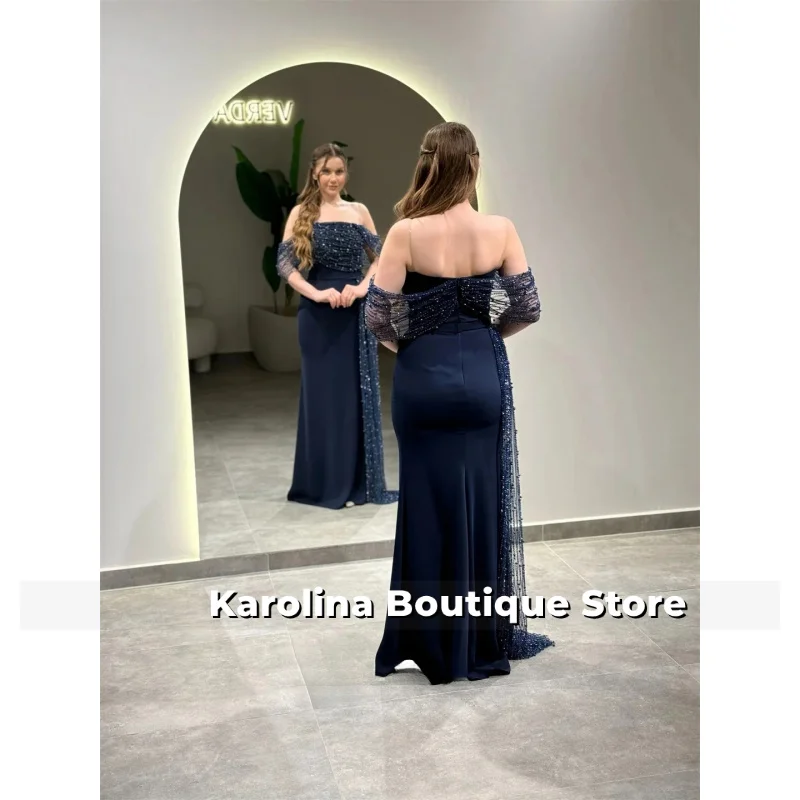 Grânulos personalizados vestido de noite luxo elegante vestidos de festa mulher um ombro trem lateral formal ocasião vestidos azul marinho