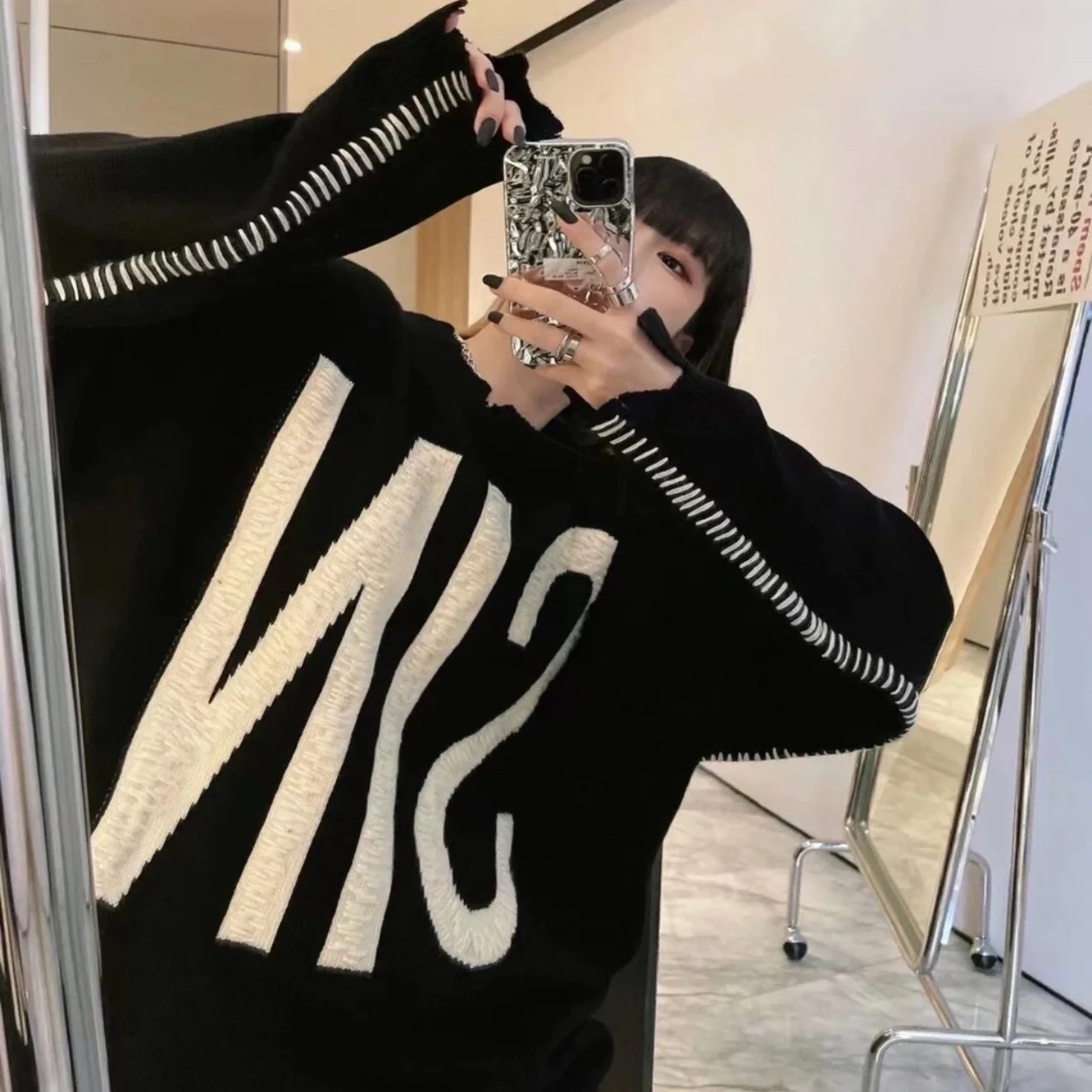 

American High Street Sle Men's Knitted Long Sve round Ne Sweater Vintage Worn-out Faion Casual Cotton Blend Fabric