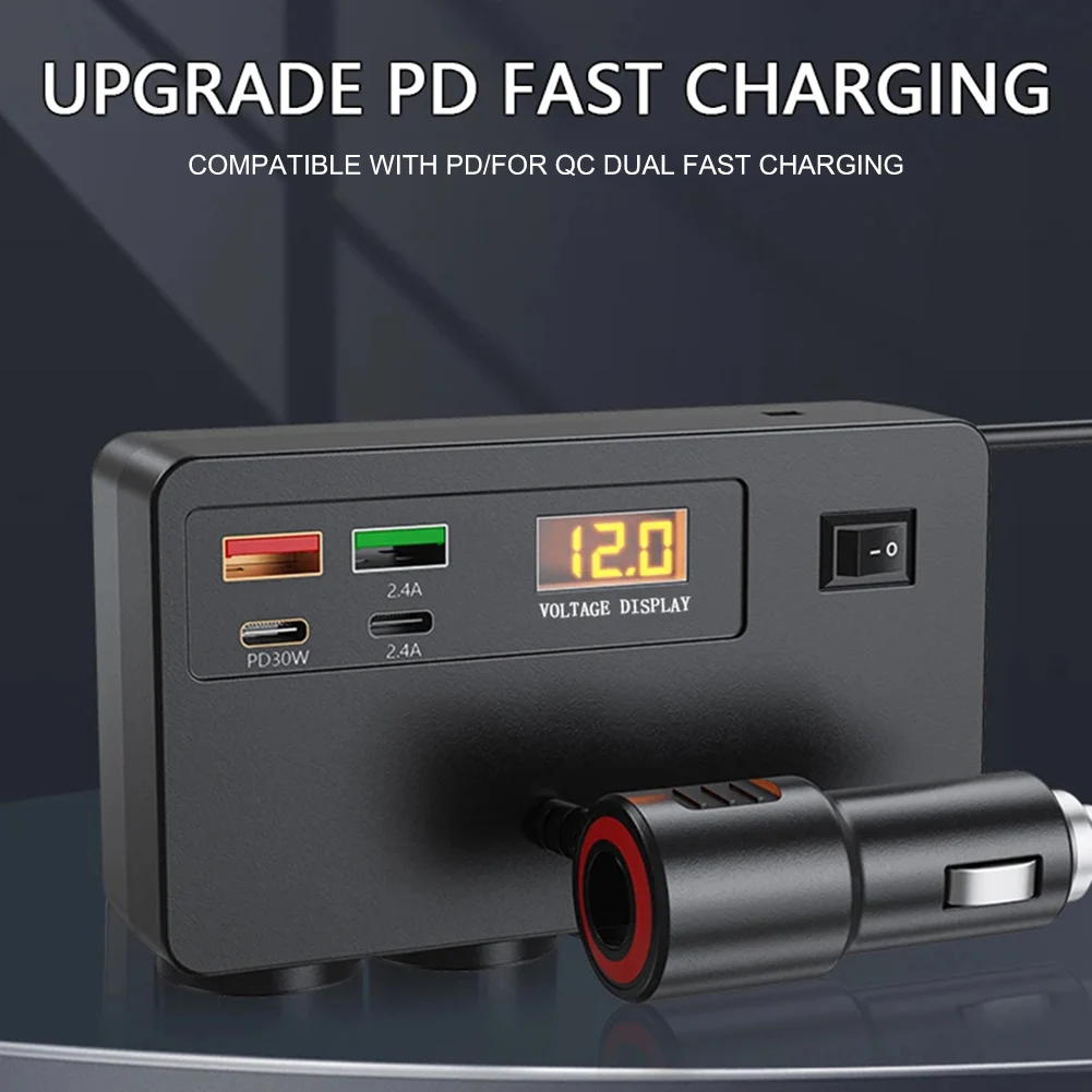 

Car Power Outlet Fast Charging Socket 4 Power Outlet Sockets ABS Flame Retardant Material Digital Voltage Display