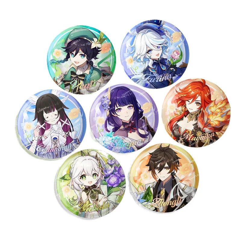 Genshin Impact 5th Anniversary Seven Archons Celebration 75mm Double Flash Big Badge Brooch Pin Anime Game Merch Gift Set
