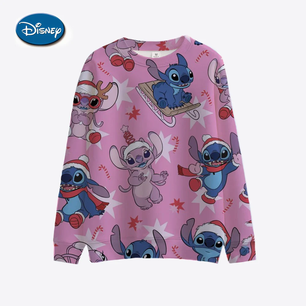 Christmas Disney Stitch Hoodie Long Sleeve Round Neck T-shirt Autumn/Winter Basic Hoodie Women\'s Knitted Checkered Sleeve Sports