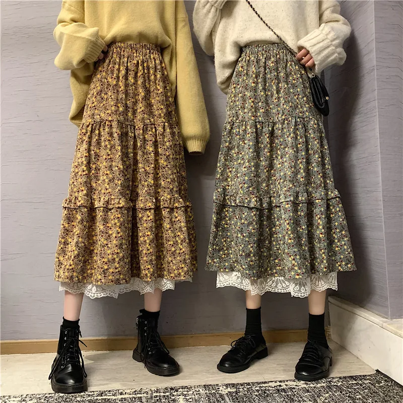 

Vintage Women Lace Patchwork Corduroy Skirt 2023 Autumn Winter Elastic High Waist Floral Print Skirts Female A-Line Long Skirts