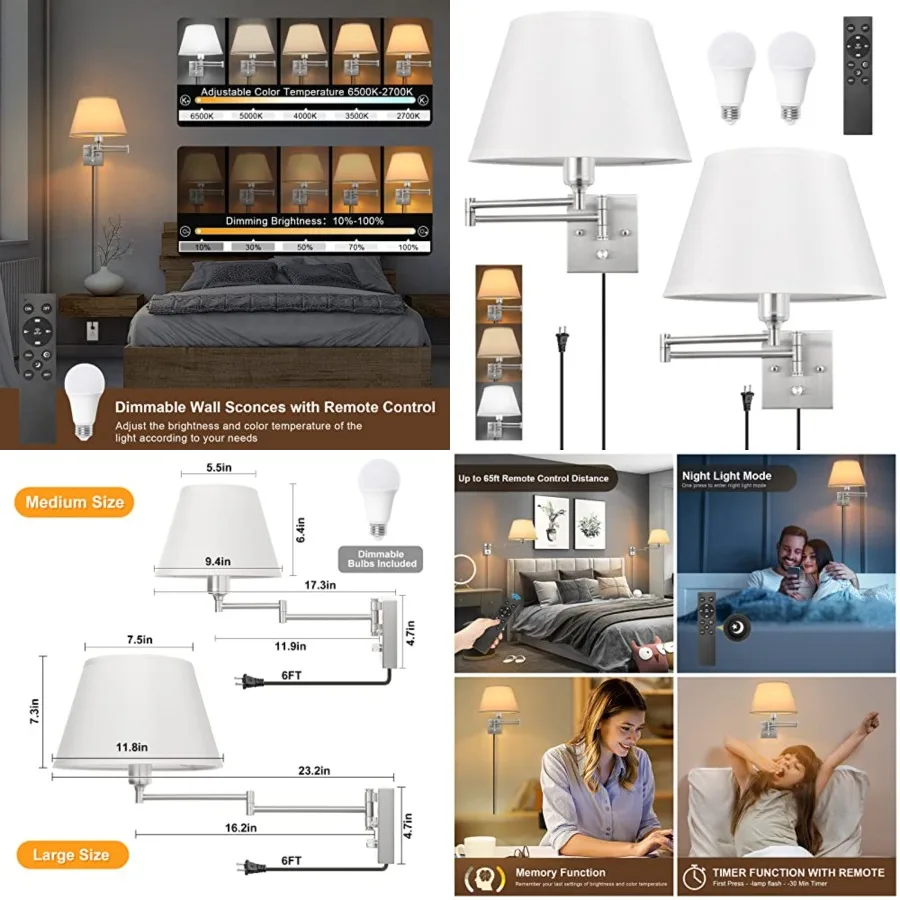

Dimmable Wall Sconce with Remote Control, Adjustable Color Temperature 2700K-6500K and Dimming 10-100% Swing Arm Wall Lights wi