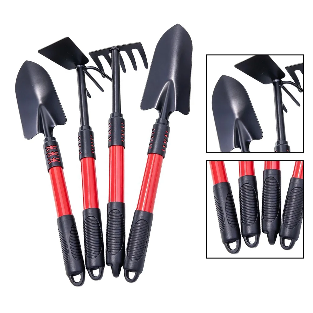 4 Piece Garden Tools Set Stainless Steel Rake Hoe Trowel Shovel with Ergonomic Handles for Reduced Hand Fatigue