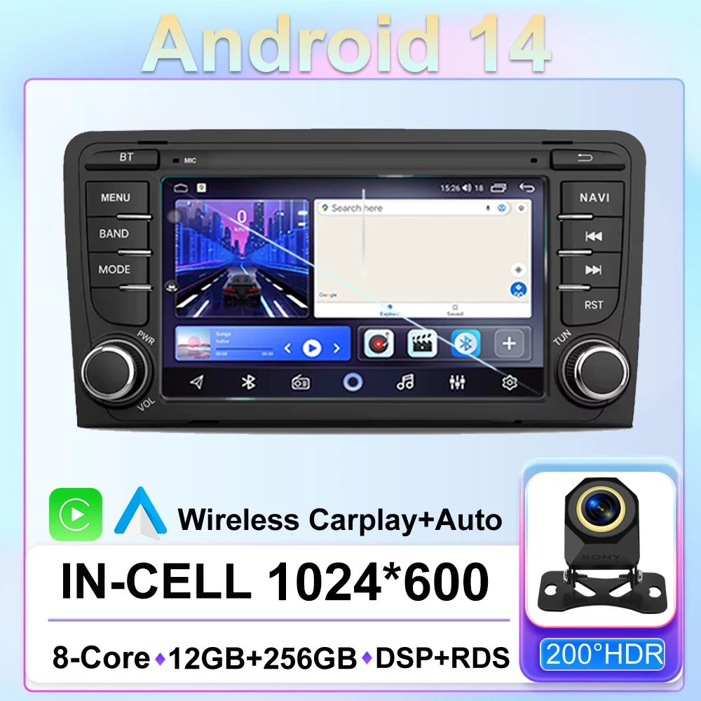 

Car for Audi A3 8P 2003-2011 S3 RS3 Android 14 Auto Radio Stereo Multimedia Player GPS Navigation 5G WIFI BT Monitor Video Scree