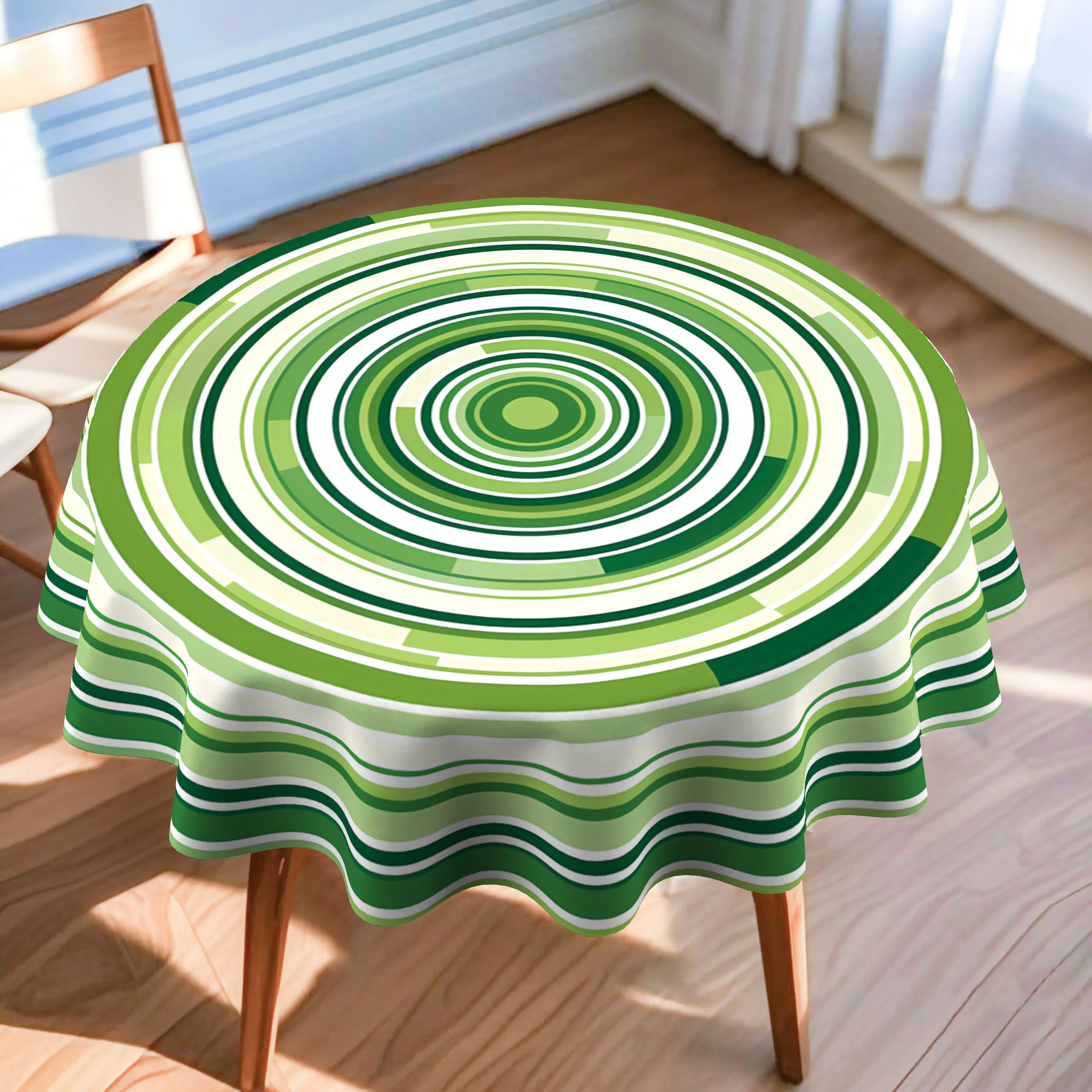 Round tablecloth, green spiral pattern printed tablecloth. 2D flat printing, suitable for all four seasons, durable.
