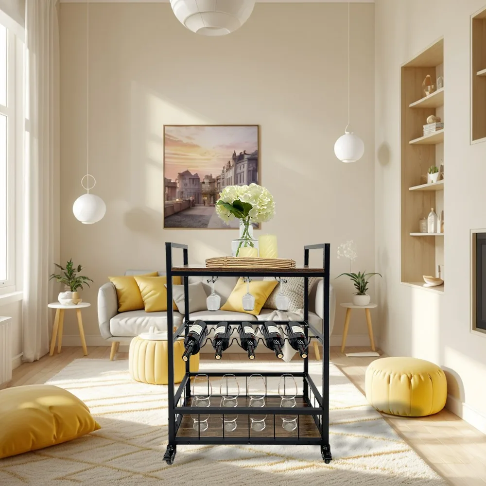 Barwagen, Servierwagen mit Rollen, Weinwagen im Industriestil für Zuhause, Küche und Esszimmer, rustikales Braun